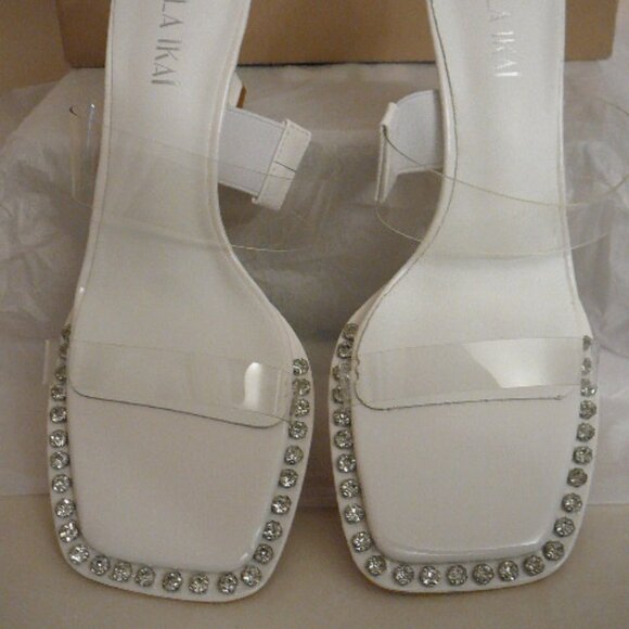 Lala Ikai Women's White Clear Strap Rhinestone Trim Sandals Mules-US 7.5, EUR 38 - Picture 4 of 9